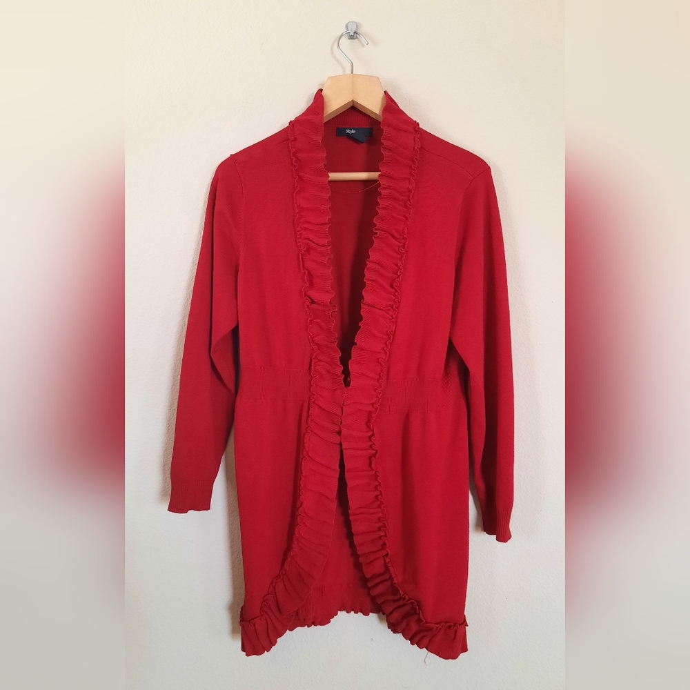 Style & Co Red Ruffle Romantic Sweet Soft Cardigan